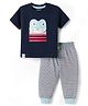 Mini Taurus Interlock Knit Half Sleeves T-Shirt & Pyjama Night Suit With Animal Print & Applique - Navy Blue