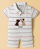 Mini Taurus Interlock Knit Half Sleeves Striped Romper with Puppy Embroidery - Off White