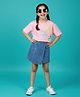 Kiddopanti Cotton Knit Half Sleeves Floral Printed & Sequins Embellished Crop Tee & Skort Set - Baby Pink & Mid Wash Blue