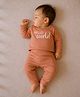 PREKIES Cotton Knit Full Sleeves Hello World Text Printed Tee & Pant Set - Brown