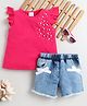 Bright Stars KIDSWEAR Single Jersey Knit Frill Sleeve Pearls  Embellished Top & Shorts Set - Pink