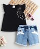 Bright Stars KIDSWEAR Single Jersey Knit Frill Sleeve Pearls Embellished Top & Shorts Set - Black
