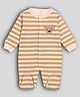 PREKIES Cotton Knit Full Sleeves Striped & Bear Embroidered Footed Sleepsuit - Beige & Brown