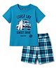 Pine Kids Cotton Knit Half Sleeves Beach Theme Printed & Checked T-Shirt & Shorts Night Suit - Blue