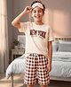Pine Kids 100% Cotton Knit Half Sleeves Text Printed T-Shirt & Shorts Night Suit With Checks - Cream