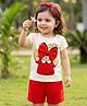 Babyoye Single Jersey Knit Half Sleeves T-Shirt & Shorts Set With Teddy Print & Bow Applique - Red & Cream