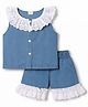 Mark & Mia Cotton Lycra Knit Sleeveless Solid Top & Shorts Set With Schiffly Detailing - Blue