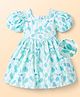Mark & Mia Cotton Woven Balloon Sleeves A Line One Piece Frock With Leaf Print - White & Blue