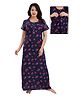 Fabme Knit Half Sleeves Floral Printed Maternity Nighty With Side Zipper Nursing Access - Blue