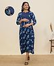 MomToBe Cotton Blend Woven Three Fourth Sleeves Floral Printed With Side Zipper Nursing Access - Royal Blue