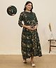 MomToBe Cotton Blend Woven Three Fourth Sleeves Floral Printed Maternity Kurti With Side Zipper Nursing Access - Forest Green