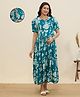 MomToBe Cotton Blend Woven Half Sleeves Floral Printed Maternity Dress With Side Zipper Nursing Access - Teal Blue