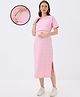 MomToBe Cotton Blend Knit Half Sleeves Striped Maternity Dress With Overlap Nursing Access - Pastel Pink