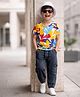 OLLINGTON ST. Sinker Knit Half Sleeves Leaf Printed T-Shirt & Denim Joggers Set - Yellow & Black