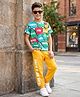 OLLINGTON ST. Cotton Knit Half Sleeves Printed T-Shirt & Joggers Set - Multicolour & Mustard