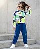 OLLINGTON ST.Cotton Lycra Knit Printed Full Sleeves Top &  Jogger Set - Multicolor & Navy Blue