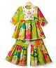 Blabber Printed Three Fourth Sleeves Floral Embroidered & Abstract Printed Coordinating Kurti Gharara Set - Green