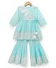 Blabber Three Fourth Sleeves Mirror Work Detailed & Floral Embroidered Kurti Gharara Set - Aqua Blue