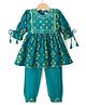 Blabber Three Fourth Sleeves Mirror Work Detailed Floral Embroidered & Motifs Printed Kurti Patiala Set - Sky Blue