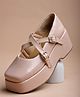 Shoetopia Gloss Finished Buckle Closure Platform Heel Sandals - Beige