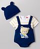 Babyhug 100 % Cotton Knit Half Sleeves Striped & Bear Printed Onesie With Cap - Multicolour