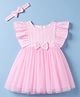 Babyhug Woven Half Frill Sleeves Striped Frock With Bow Applique & Lace Detailing & Headband - Pink