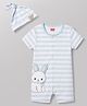Babyhug 100% Cotton Interlock Knit Half Sleeves Striped Romper With Bunny Detailing & Cap - Light Blue