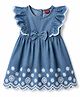 Babyhug Denim Woven Sleeveless Flared One Piece Frock With Floral Embroidery & Bow Applique - Blue