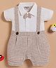 Wonderchild Half Sleeves Bow Applique Detailed Romper With Attached Suspenders - White & Biege