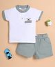 Wonderchild Half Sleeves Teddy Bear Applique Detailed Tee & Shorts Set - White & Olive Green