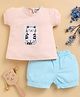 Wonderchild Half Puffed Sleeves Cat Printed Top & Shorts Set - Peach & Blue