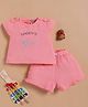 Wonderchild Half Puffed Sleeves Girl Text Embroidered Top & Shorts Set - Deep Peach
