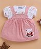 Wonderchild Teddy Bear Applique Detailed Pinafore Dress With Half Puffed Sleeves Tropical Theme Printed Top - White & Mud Peach