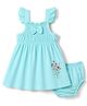 Babyhug Single Jersey Knit Frill Sleeves Floral Printed Smocked Frock With Bloomer & Bow Applique - Aqua Blue