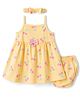 Babyhug Single Jersey Knit Sleeveless Cherry Printed Bow Applique Frock With Bloomer & Headband - Yellow