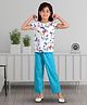 Clothe Funn Cotton Knit Half Sleeves Butterfly Printed Tee & Pant Night Suit - White & Sea Green