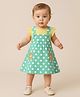 Clothe Funn Cotton Knit Polka Dots Printed & Mouse Face Applique Detailed Pinafore Dress With Cap Sleeves Tee - Mint & Yellow