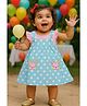 Clothe Funn Cotton Knit Cap Sleeves Polka Dots Printed & Animal Face Applique Detailed Pinafore Dress With Inner Tee - Teal Blue & Pink