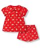 Babyhug Cotton Knit Half Sleeves Peter Pan Collared Top & Shorts Co-Ord Night Suit With Floral Print - Red