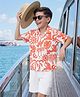 OLLINGTON ST. Sinker Knit Half Sleeves Shirt & Shorts With Beach Theme Print - Orange