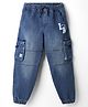 Kookie Kids Woven Full Length Denim Jeans With Cargo Pockets & Text Print - Blue