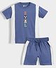 Orange Sugar 100% Cotton Knit Half Sleeves Colour Blocked Goal Text Embroidered Tee & Shorts Set - Blue
