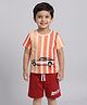Little Ninja Cotton Knit Half Sleeves Car Printed Striped Tee & Shorts Set - Red