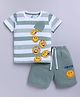 Little Ninja 100% Cotton Knit Half Sleeves Smileys Printed Striped Tee & Shorts Set - Green