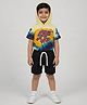 Little Ninja Cotton Knit Half Sleeves Saint Force Text Printed Hooded Tee & Shorts Set - Yellow
