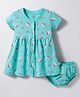 CUCUMBER Interlock Knit Sleeveless Unicorn Printed Frock with Bloomer - Aqua Blue