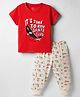 CUCUMBER Knitted Half Sleeves T-Shirt & Pajama Night Suit with Skate Print - Red