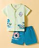 CUCUMBER Knit Half Sleeves T-Shirt & Shorts Set With Space Theme Print - Light Green
