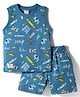 CUCUMBER Knit Sleeveless T-Shirt & Shorts Co-ord Night Suit With Skateboarding Print - Blue