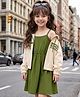 OLLINGTON ST. Cotton Knit Sleeveless Text Printed Dress with Full Sleeve Jacket- Beige & Olive Green